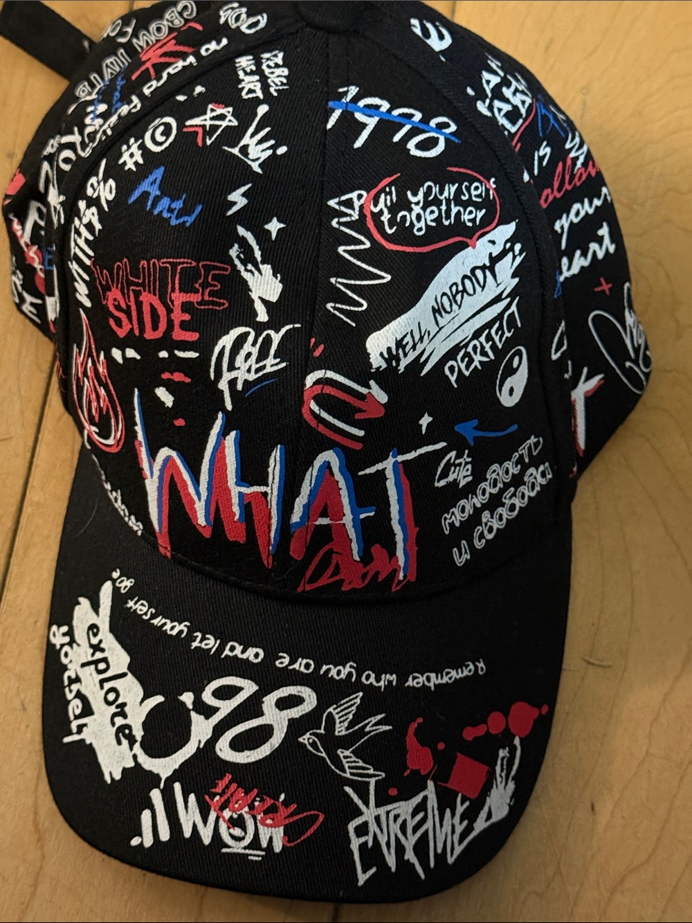 Black Graphic Print Baseball Cap with Red, Blue and White Accents